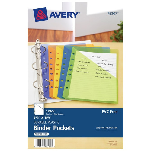 Binder Pockets, 5-1/2" x 8-1/2", Assorted Colors, Plastic,  Set of 5