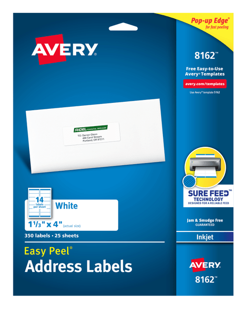 Easy Peel Address Labels, 1-1/3" x 4", White, Permanent, Inkjet, 350 Labels