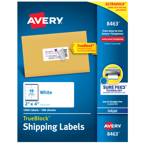 TrueBlock Shipping Labels, 2" x 4", White, Permanent, Inkjet, 1000 Labels