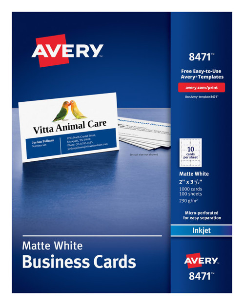 Business Cards, 2" x 3-1/2", White, Inkjet, 1000 Cards