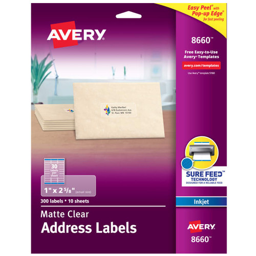 Address Labels, 1" x 2-5/8", Clear, Permanent, Inkjet, 300 Labels