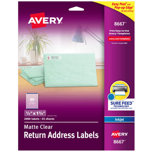 Return Address Labels, 1/2" x 1-3/4", Clear. Permanent, Inkjet, 2000 Labels