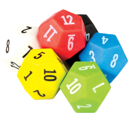12 Sided Dice, Assorted Colors, 6 Count