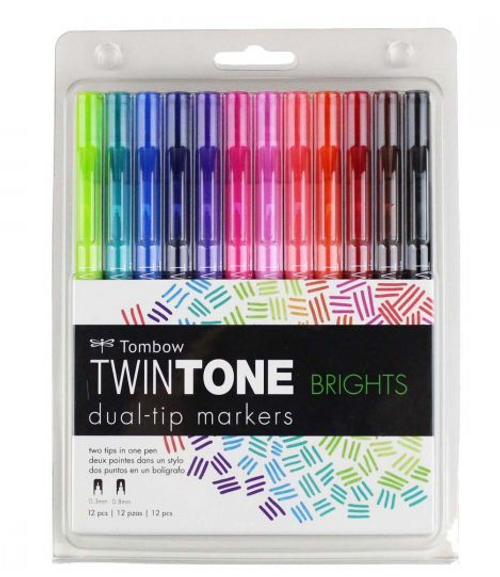 Tombow Twintone Dual Tip Markers, Brights, Set of 12pk, Assorted Bright Colors