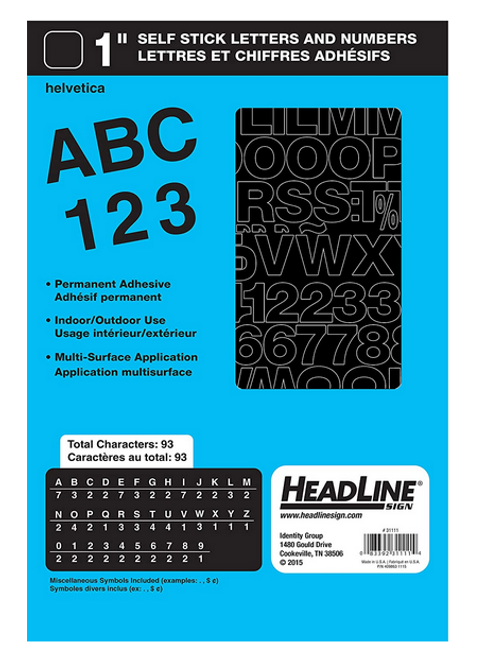 1" Self-Adhesive Vinyl Helvetica Numbers & Letters, Black (93ct.)