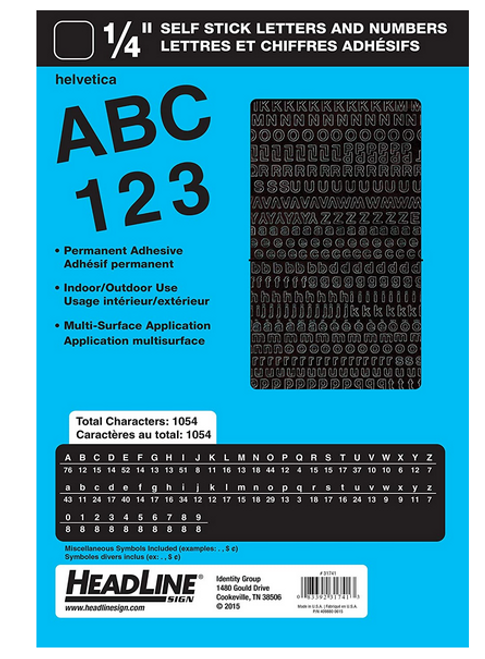 1/4" Self-Adhesive Vinyl Helvetica Numbers & Letters, Black (1054ct.)