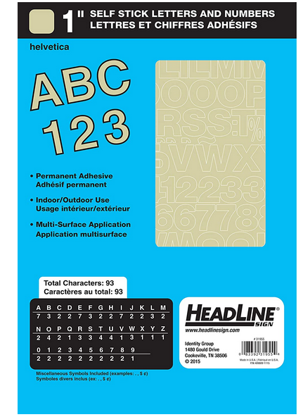 1" Self-Adhesive Vinyl Helvetica Numbers & Letters, Gold (93ct.)