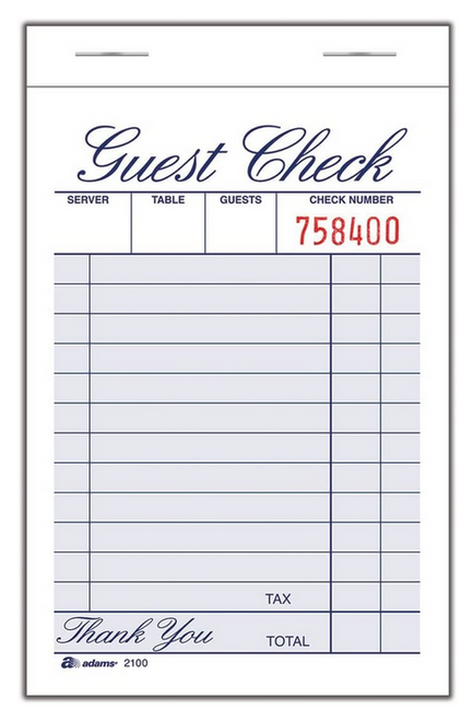 Guest Check Pad, Single Part, White, 3-11/32" x 5-7/16"