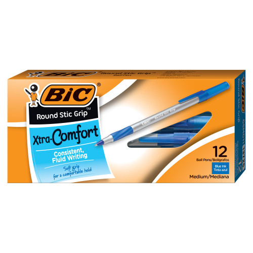 Bic Round Stic Grip Xtra Comfort Ballpoint Pen, Medium Point (1.2mm), Blue