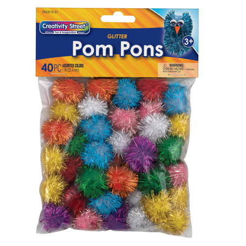 Glitter Pom Pons, Assorted Colors, 40 Count