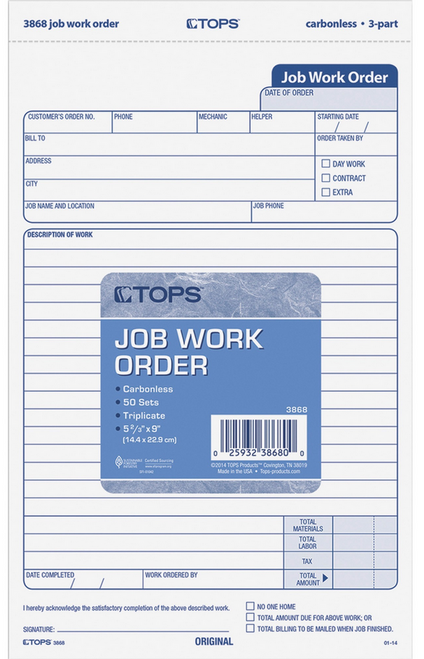 Job Work Order, 3-Part, Carbonless