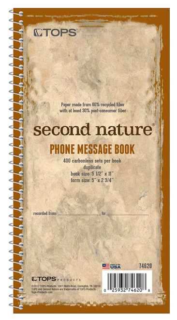 2-Part Second Nature Phone Message Book, Recycled, Carbonless