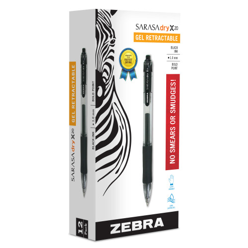 Zebra Sarasa Dry X20 Retractable Gel Pen, Bold Point (1.0mm), Black