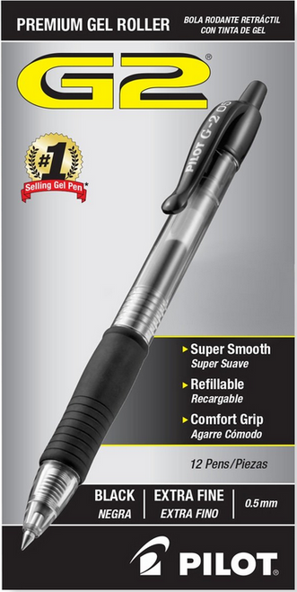 PIL31103 - Retractable Extra Fine G2 Gel Ink Rolling Ball Pen Black Box of 12 Pens