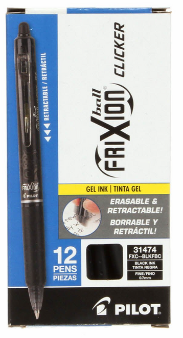 PIL31474 - Box of dozen (12) pens of FriXion Clicker Gel Pen, Erasable, Fine Point (0.7mm), Black Ink