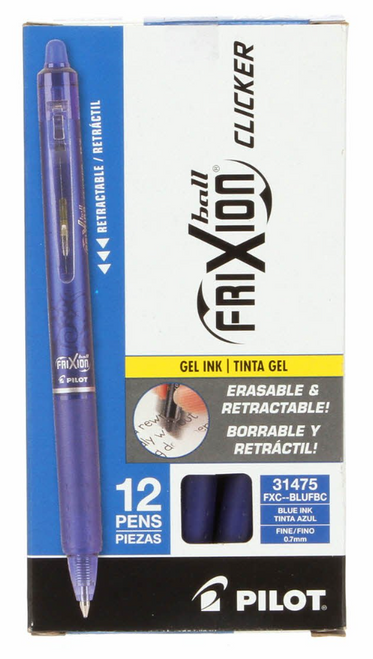 PIL31475 - Box of dozen (12) pens of FriXion Clicker Gel Pen, Erasable, Fine Point (0.7mm), Blue Ink