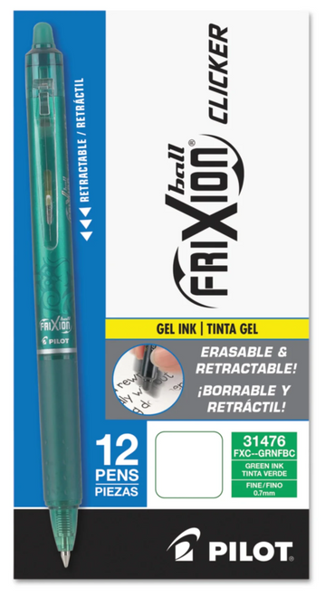 PIL31476 - Box of dozen (12) pens of FriXion Clicker Gel Pen, Erasable, Fine Point (0.7mm), Green Ink