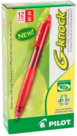 PIL31508 - Box of dozen pens of G-Knock BeGreen Retractable Gel Pen, Fine Point (0.7mm), Red