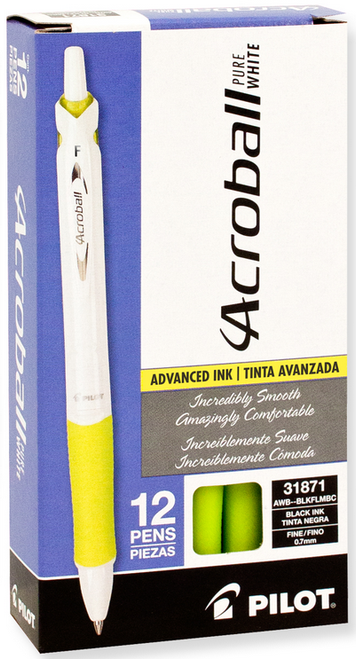 Pilot Acroball PureWhite Advanced Ink Retractable Ballpoint Pen, Fine Point (0.7mm), White Barrel/Lime Accent, Black Ink