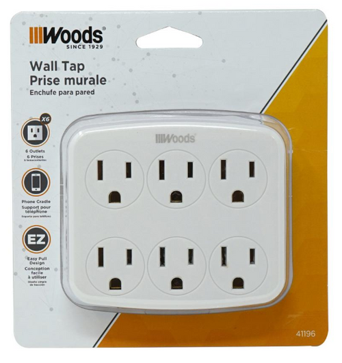 Woods Multi-Outlet, Wall Plug, 6 Outlets, White