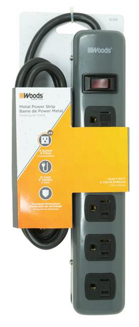 Woods Metal Power Strip, 5' Cord, 6 Outlets, Gray