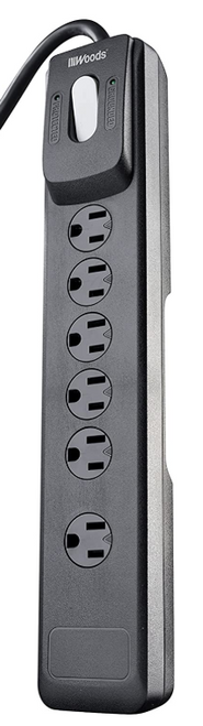 Woods Surge Protector Strip, 4' Cord, 6 Outlets, Black