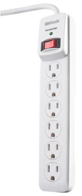 Woods Surge Protector Strip, 3' Cord, 6 Outlets, White