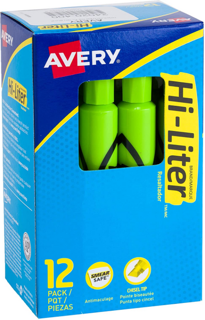 AVE24020 - Box of dozen (12) markers of Hi-Liter Desk-Style Highlighter, Chisel Tip, Fluorescent Green