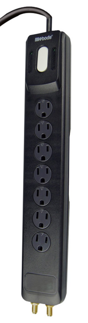 Woods Surge Protector Strip, 4' Cord, 7 Outlets, Phone/Fax & Modem Ports, Black