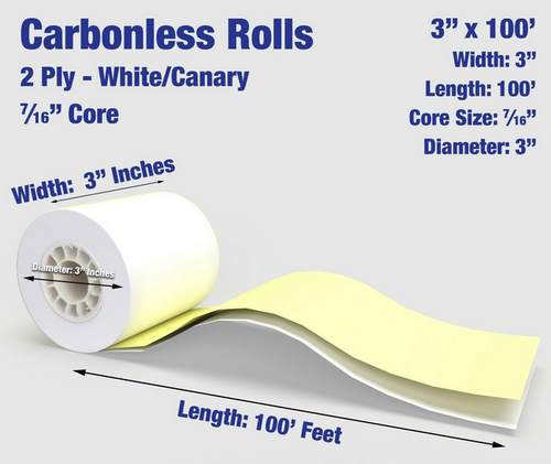 3"x100' Carbonless POS Rolls, 7/16" Core, 2-Part, White/Canary