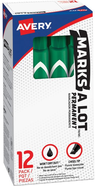AVE08885 - Box of dozen (12) markers of Marks-A-Lot Permanent Marker, Large Desk-Style, Chisel Tip, Green