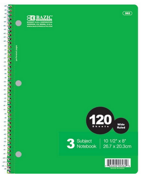 3-Subject Notebook, Wide Ruled, 120 Sheets