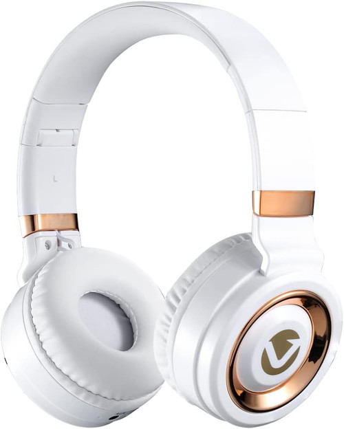 Volkano Lunar Series Bluetooth Wireless Headphones with Microphone, 10Hr Battery Life, Portable Folding Over Ear Headphones with Micro SD Card & Aux Cable - White & Gold