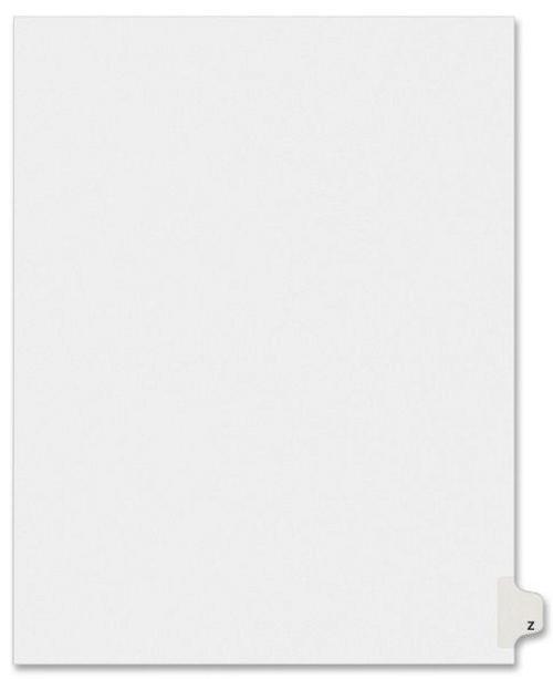 Legal Divider, Letter Size, White, Pre-Printed (letter) Z, 25 Dividers