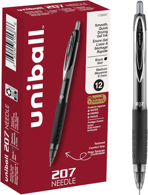 Uniball Signo 207 Retractable Needle Gel Pen, Medium Point (0.7mm), Black