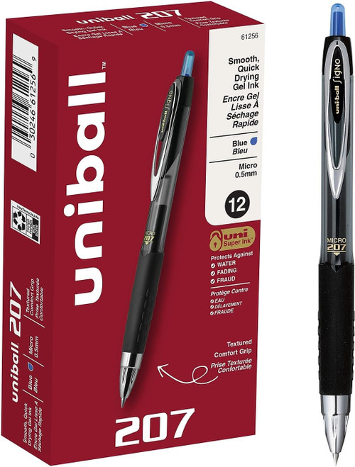 Uniball Signo 207 Retractable Gel Pen, Micro Point (0.5mm), Blue