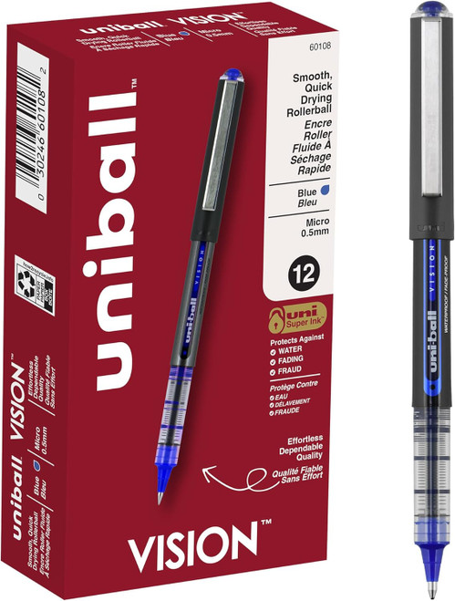 Uniball Vision Rollerball Pen, Micro Point (0.5mm), Blue