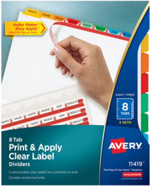 Print & Apply Clear Label Dividers, 8-1/2" x 11", 8 Multicolor Tabs, 5 Sets