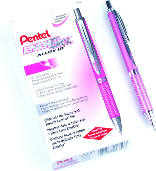 EnerGel Alloy Gel Pen, Retractable, Medium Point (0.7mm), Pink Barrel, Black Ink