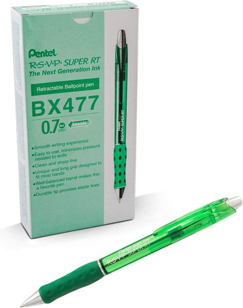 Pentel R.S.V.P. Super RT Retractable Ballpoint Pen, Fine Point (0.7mm), Green