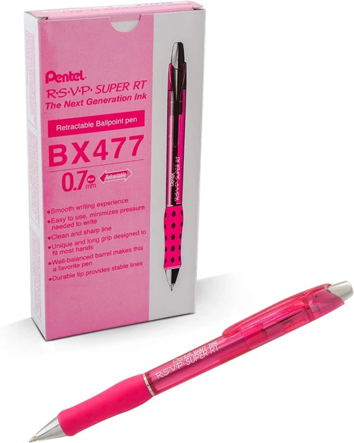 Pentel R.S.V.P. Super RT Retractable Ballpoint Pen, Fine Point (0.7mm), Pink