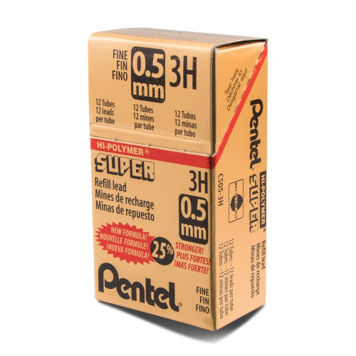 Pentel Super Hi-Polymer Lead Refill, Fine (0.5mm), 3H, 12 Leads