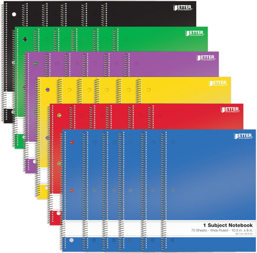 Better Office Products Spiral Notebooks 1-Subject, Wide Rule, 70 Sheet, 8 x 10.5 inches,  Assorted Primary Colors