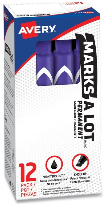 AVE08884 - Box of dozen (12) markers of Marks-A-Lot Permanent Marker, Large, Chisel Tip, Purple