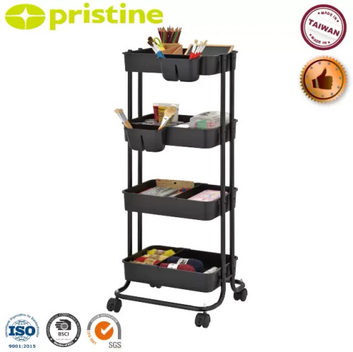 Pristine 4-Tier Rolling Utility Cart With Accessories, Black