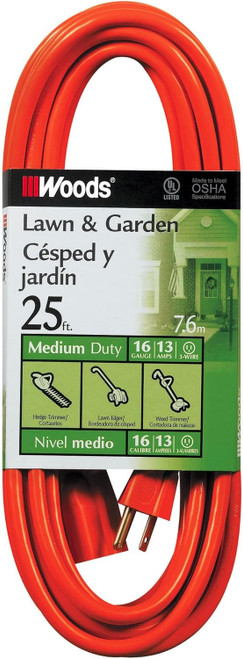 Woods Lawn & Garden Extension Cord, Medium Duty, 25', Orange