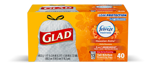 Glad Tall Kitchen Drawstring Trash Bags w/Febreze Freshness (Hawaiian Aloha), 13 Gallon (40ct.)