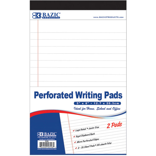 Bazic Perforated Legal Ruled Junior Sized Writing Pads, 5" x 8", 2 Count