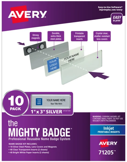 The Mighty Badge Professional Reusable Name Badge System, Silver, 1” x 3” ID Badges, 10 Durable, Reusable Name Tags, 80 Inserts for Inkjet Printers (71205)