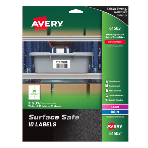 Avery Surface Safe ID Labels, 2" x 3-1/2", White, 250 Count